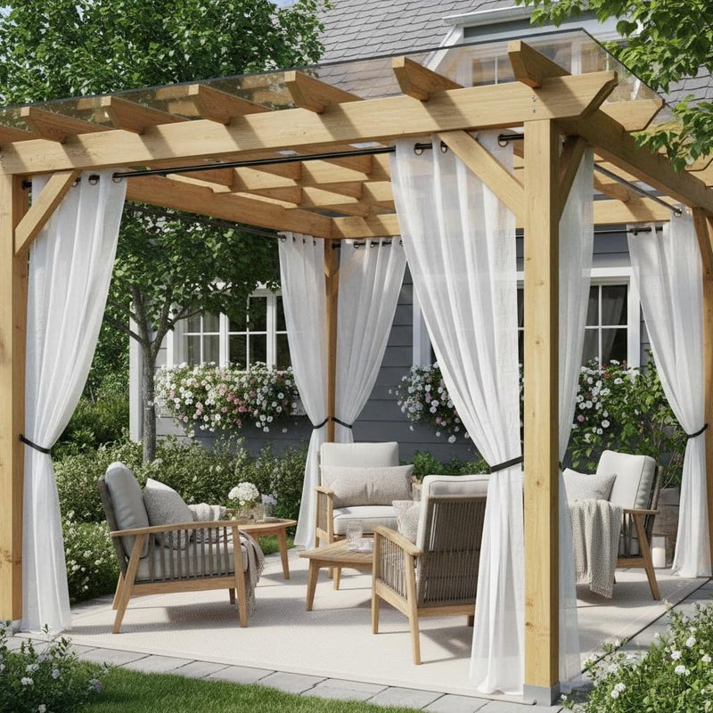 HolidayIdeas White Outdoor Sheer Curtains for Patio Waterproof 4 Panels-Linen Semi Voile Indoor Sheer Curtains, Light Filtering Privacy Drapes for Living Room, Gazebo, Porch, Balcony, Pool 54"x84" - Image 1