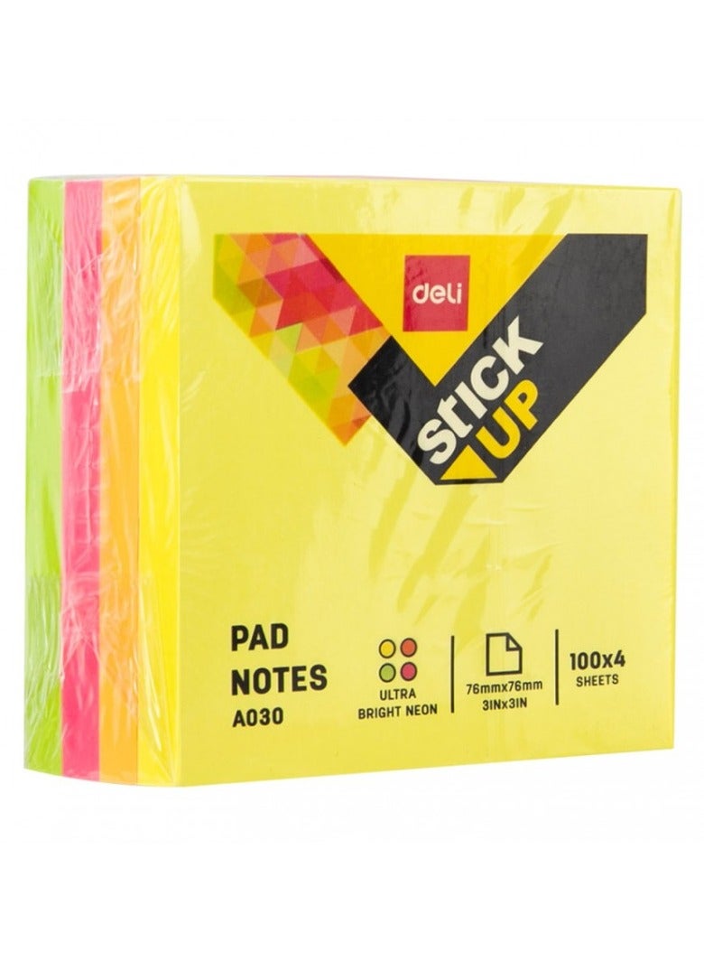 DELI STICKY NOTES A03003(76X76MM)3X3 FOUR COLOR NEON,100X4 SHEETS - Image 1