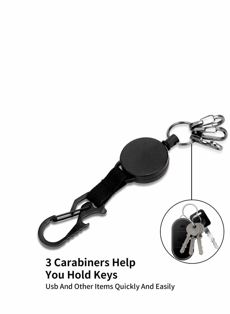 Y&D Retractable Key Chain, Lakobos Badge Reel Heavy Duty Holder Ring with Carabiner, Steel Cable, 3 Quick Release Clips, Keychain for Work, Janitor, Black,... - Image 4