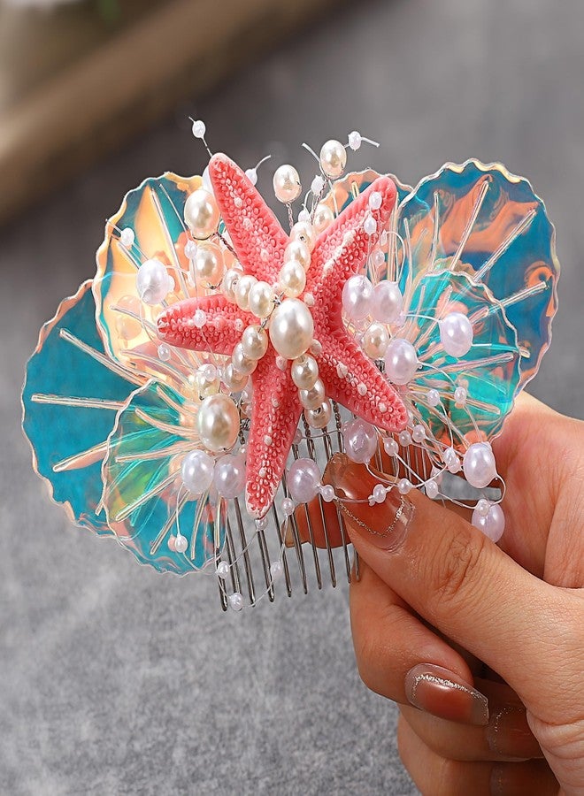 GENBREE Mermaid Starfish Hair Comb Pearl Shell Hair Piece Beach Wedding Hair Accessories for Women (Pink) - Image 1