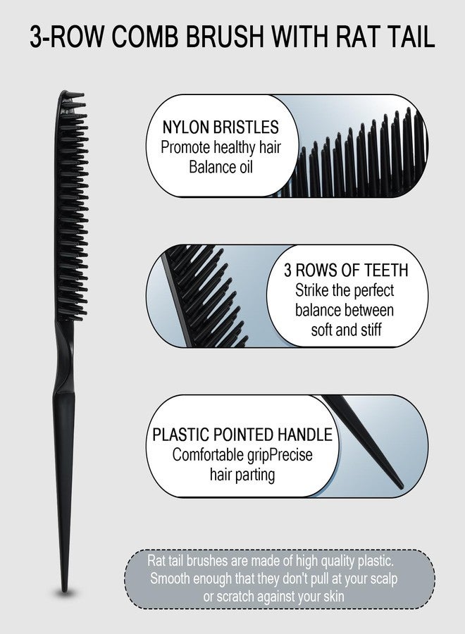 SIMPOR 3 Row Hair Comb for Natural Detangling Curly Hair Styling Brush Nylon Bristle Unbraider Teasing Comb Rat Tail for Women Men Black - Image 2