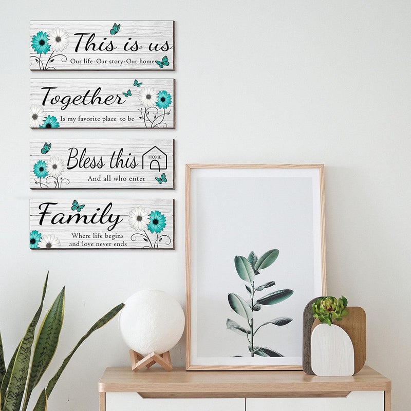 Joyhawk 4 Pcs White Farmhouse Wall Decor with Teal Butterflies & Daisies, Rustic Wooden Signs Set, Floral Wall Art for Living Room Bedroom, Housewarming Gift, 4.7" x 13.8" - Image 5