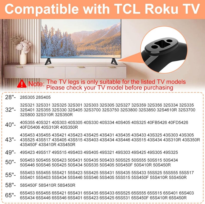 Varghesyla (نسخة مطورة) حامل قاعدة تلفزيون مكون من قطعتين لأرجل تلفزيون TCL Roku بديل لأرجل تلفزيون TCL مقاس 28" 32" 40" 43" 49" 50" 55" 58" 65" 32S359 32S355 40S355 43S455 50S525 55S435 65S455 مع براغي - Image 2