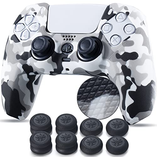 YoRHa Studded Printing Silicone Cover Skin Case for PS5 Controller x 1(White) with Pro Thumb Grips x 10 - Image 1