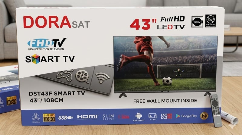 تلفزيون DORASAT بحجم 43 بوصة، فائق الدقة (Full HD) بتقنية LED، يعمل بنظام التشغيل أندرويد (Android OS)، ويدعم تقنيات البث DVB-T2/S2، بلون رمادي داكن، مع مثبت حائط مجاني (DST43F). - Image 4