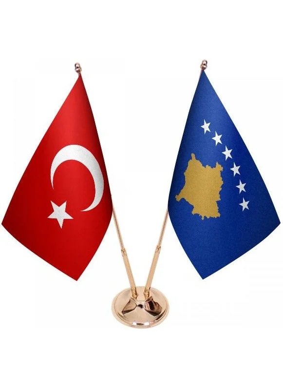 ساترنديزاين Desktop Kosovo Flag Turkish Flag Double Brass Poles Table Flag Set