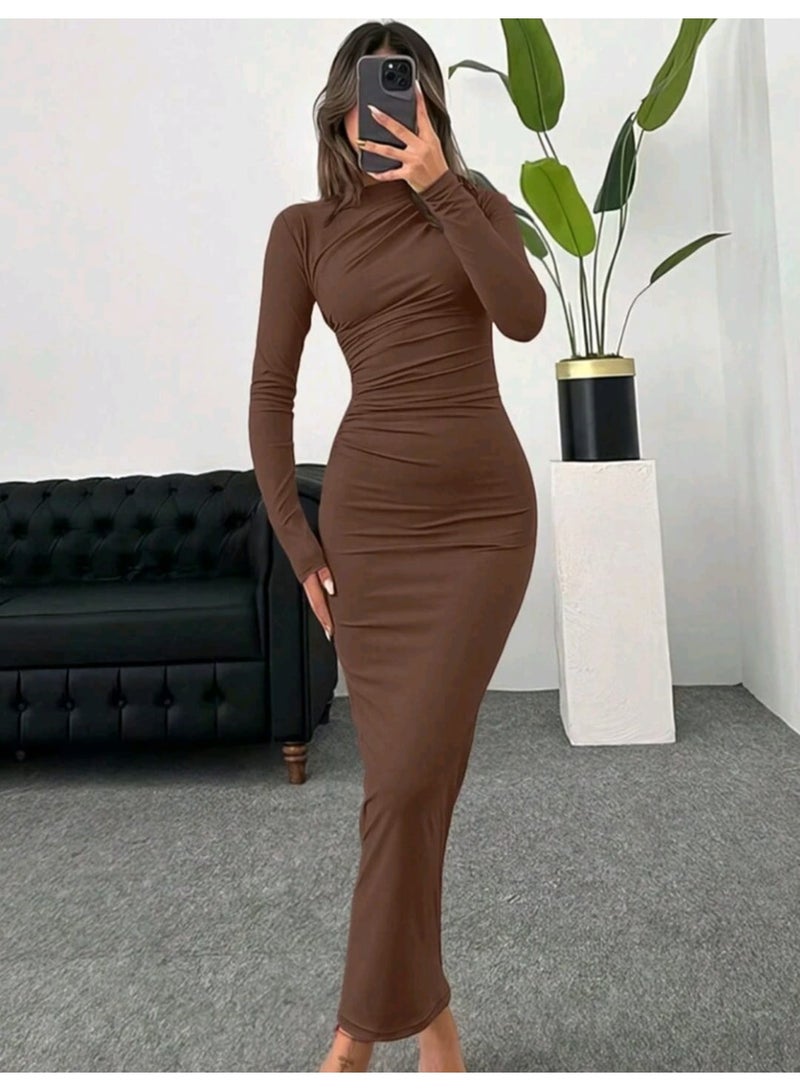 شي إن فستان SHEIN النسائي ذو اللون الموحد بأكمام طويلة وياقة واقفة ومطويات - Image 1