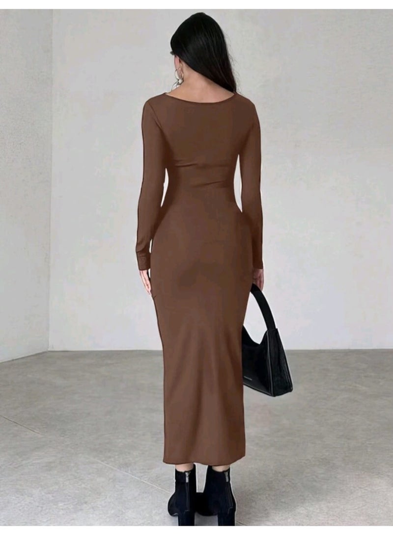 شي إن فستان SHEIN النسائي ذو اللون الموحد بأكمام طويلة وياقة واقفة ومطويات - Image 2