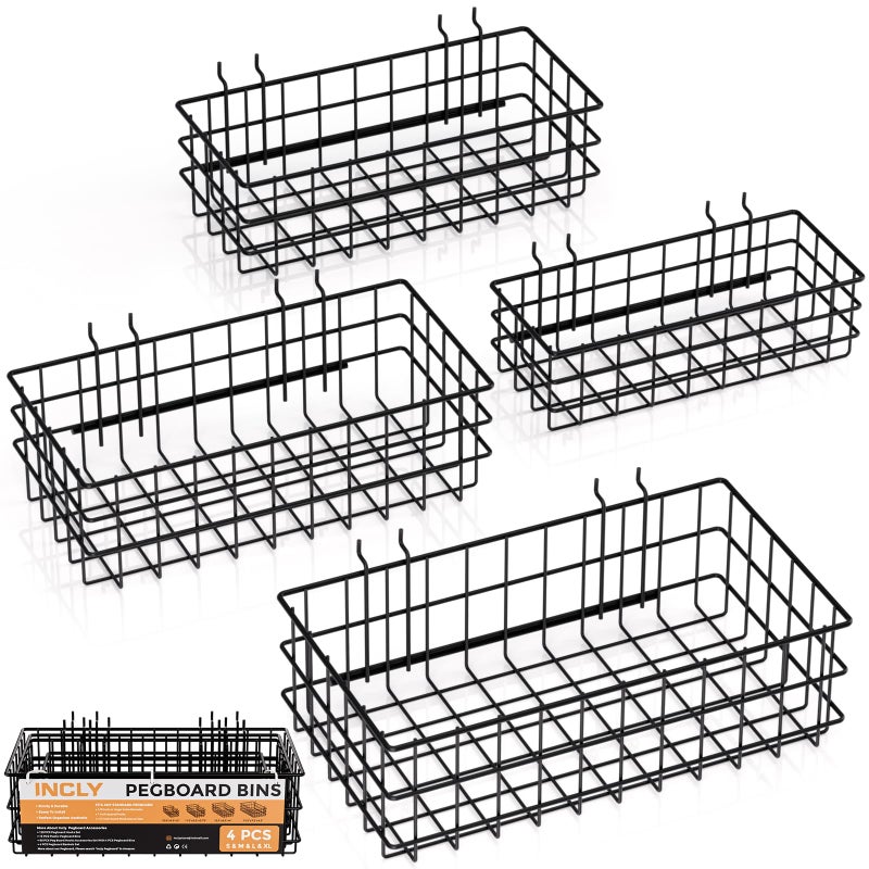 INCLY 4 Pack Pegboard Baskets Bins Set 4 Size Square Style Black Metal Wire Basket for Any Peg Board Organizing Tools Pegboard Accessories for Workbench Garage Wall Storage Attachments