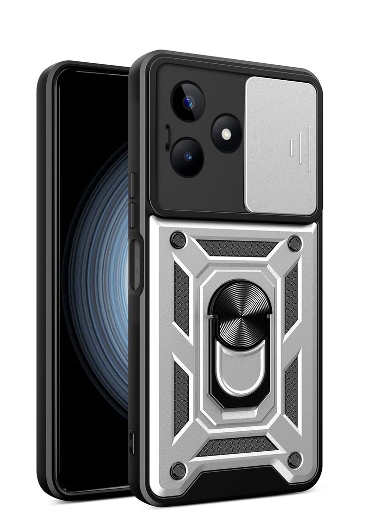 Case Cover Shockproof Windows Protective Case with Camera Protection and Metal Ring Compatible with Realme C53 4G (Silver)