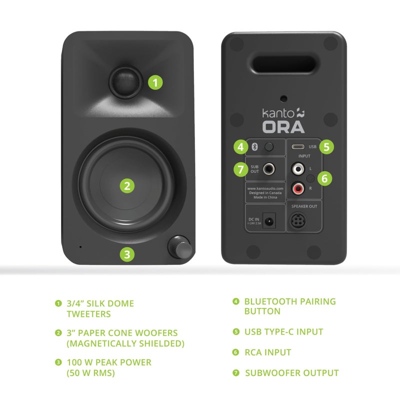 Kanto ORAMB 100W Powered Reference Desktop Computer Speakers with Bluetooth 5.0 and USB-C Input | Bi-Amplified | 100 Hz Automatic Crossover | Reference Quality Sound | Pair | Black - Image 3