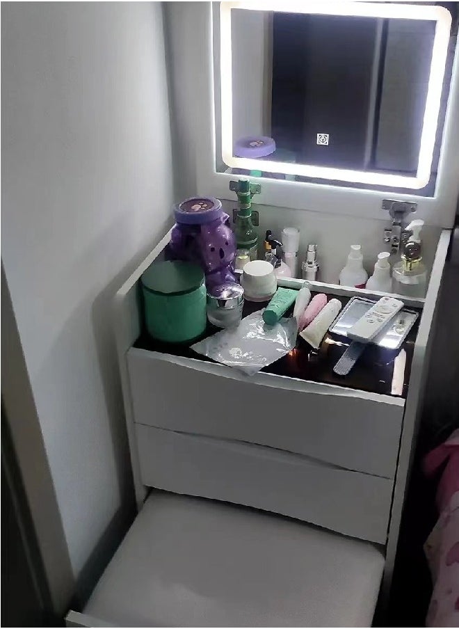 Raffine - Multifunctional Makeup Dressing Table Drawers Make Up Organizer Storage Cabinet Makeup Table Set with Touch Light Vanity Mirror and Cushioned Stool 40 x 40 x 82 Centimeter - Image 1