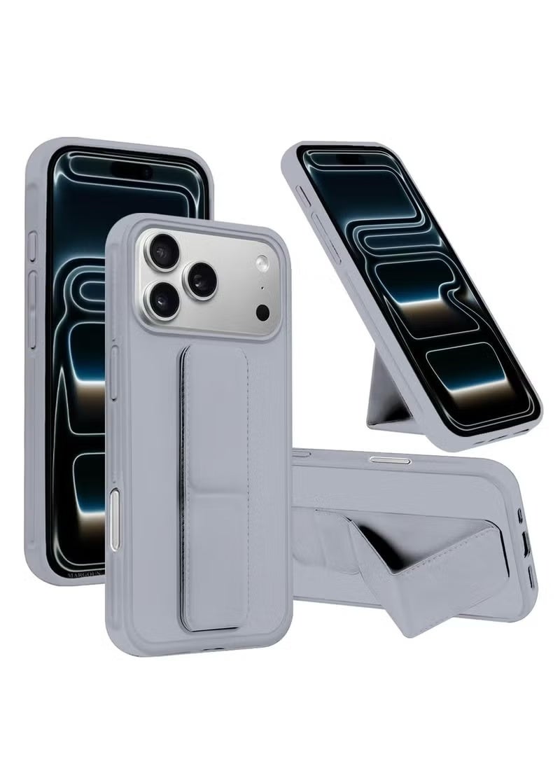 YoYoTech Apple iPhone 17 Pro Silicone Kickstand Case Compatible with iPhone 17 Pro 6.3' , Vertical and Horizontal Stand Hand Strap Metal Kickstand Cover, Flexible Soft Liquid Silicone Stand Case - Silver - Image 1