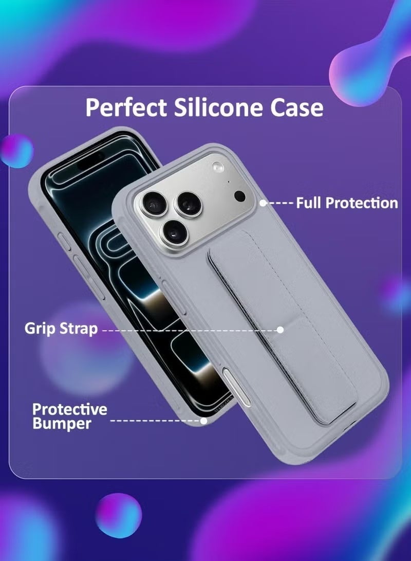 YoYoTech Apple iPhone 17 Pro Silicone Kickstand Case Compatible with iPhone 17 Pro 6.3' , Vertical and Horizontal Stand Hand Strap Metal Kickstand Cover, Flexible Soft Liquid Silicone Stand Case - Silver - Image 5