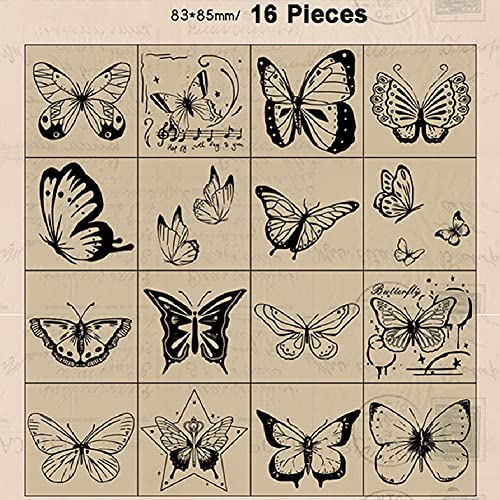 Tvoip 16 Pcs Wooden Rubber Stamp Set, Vintage Butterfly Scrapbooking Stamps Junk Journal DIY Craft Wooden Rubber Stamps Set for Scrapbook Album Diary Seal Stamps - Image 4