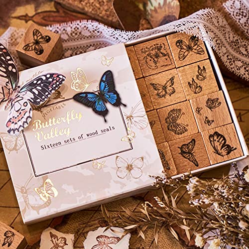 Tvoip 16 Pcs Wooden Rubber Stamp Set, Vintage Butterfly Scrapbooking Stamps Junk Journal DIY Craft Wooden Rubber Stamps Set for Scrapbook Album Diary Seal Stamps - Image 1