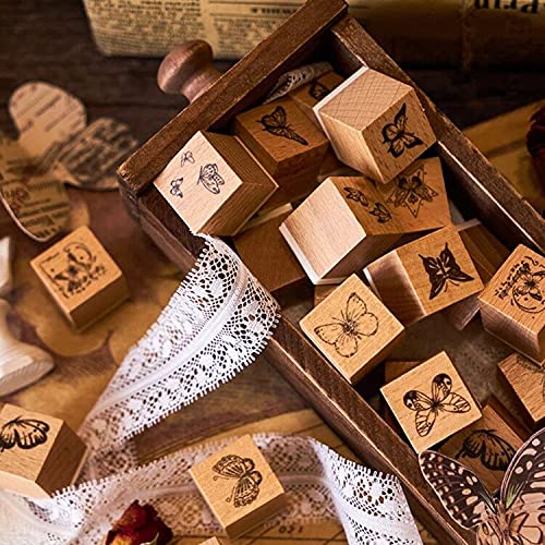 Tvoip 16 Pcs Wooden Rubber Stamp Set, Vintage Butterfly Scrapbooking Stamps Junk Journal DIY Craft Wooden Rubber Stamps Set for Scrapbook Album Diary Seal Stamps - Image 2
