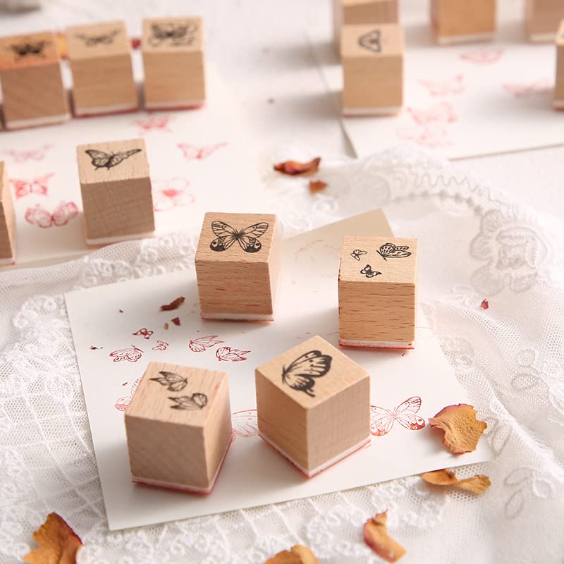 Tvoip 16 Pcs Wooden Rubber Stamp Set, Vintage Butterfly Scrapbooking Stamps Junk Journal DIY Craft Wooden Rubber Stamps Set for Scrapbook Album Diary Seal Stamps - Image 3