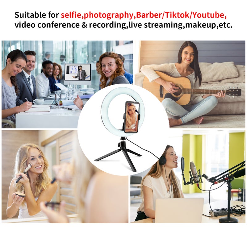 مجموعة مصباح ضوء حلقي متعدد الألوان 26 سم/10 بوصة (ثلاثة ألوان) مع قاعدة رمح وحامل هاتف، بنطاق درجات كلفن 3200–6000، و10 مستويات سطوع قابلة للتعديل، للبث المباشر/الاجتماعات/التجميل - Image 4