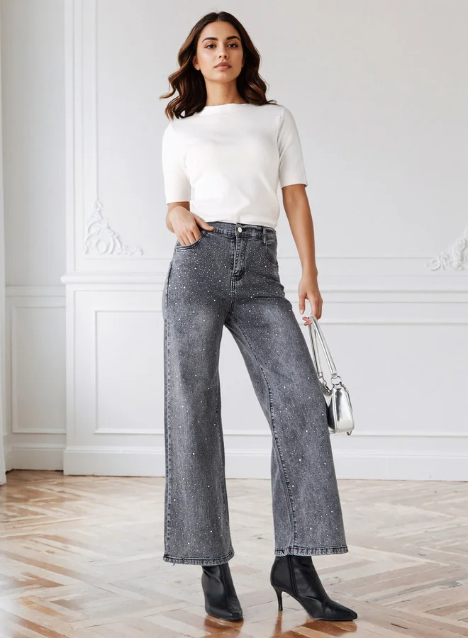 2Xtremz 2Xtremz Embellished Wide Leg Jeans with Pockets