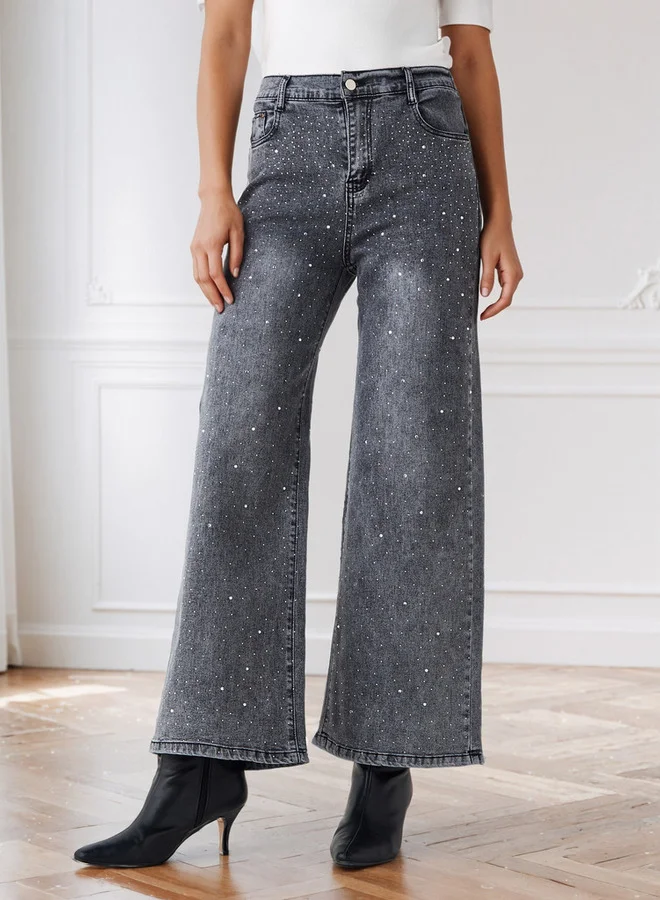 2Xtremz 2Xtremz Embellished Wide Leg Jeans with Pockets