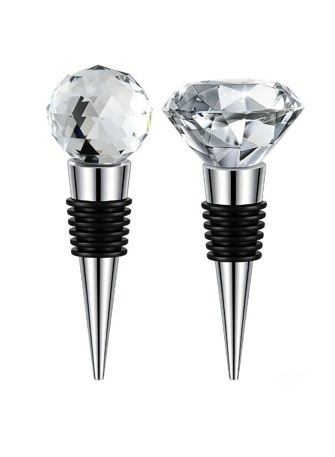 2PCS Wine Bottle Stopper Set Diamond & Round Crystal Reusable Wine Cork Leakproof Silicone Seal Decorative Wine Plug for Red Wine Bottles - Image 1