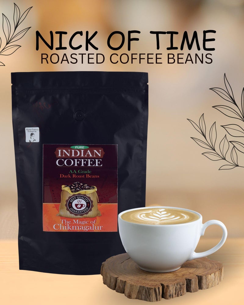 NICK OF TIME حبوب القهوة المحمصة النقية من تشيكماجالور الهند | 100% أرابيكا AA درجة تحميص داكن | جريئة وغنية ولذيذة (عبوة إعادة تعبئة 1 كجم | 35.27 أونصة) - Image 2