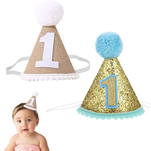 Zytiqt 2Pcs Birthday Cap, Set of Baby Caps for One Month Photoshoot Props, First Birthday Celebration Hats in Blue Pink and White (Blue) - Image 1