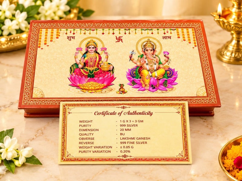 KHUSHBOO JEWELS 3 GRAMS SILVER 999 LAXMI GANESH COIN BOX - Image 3