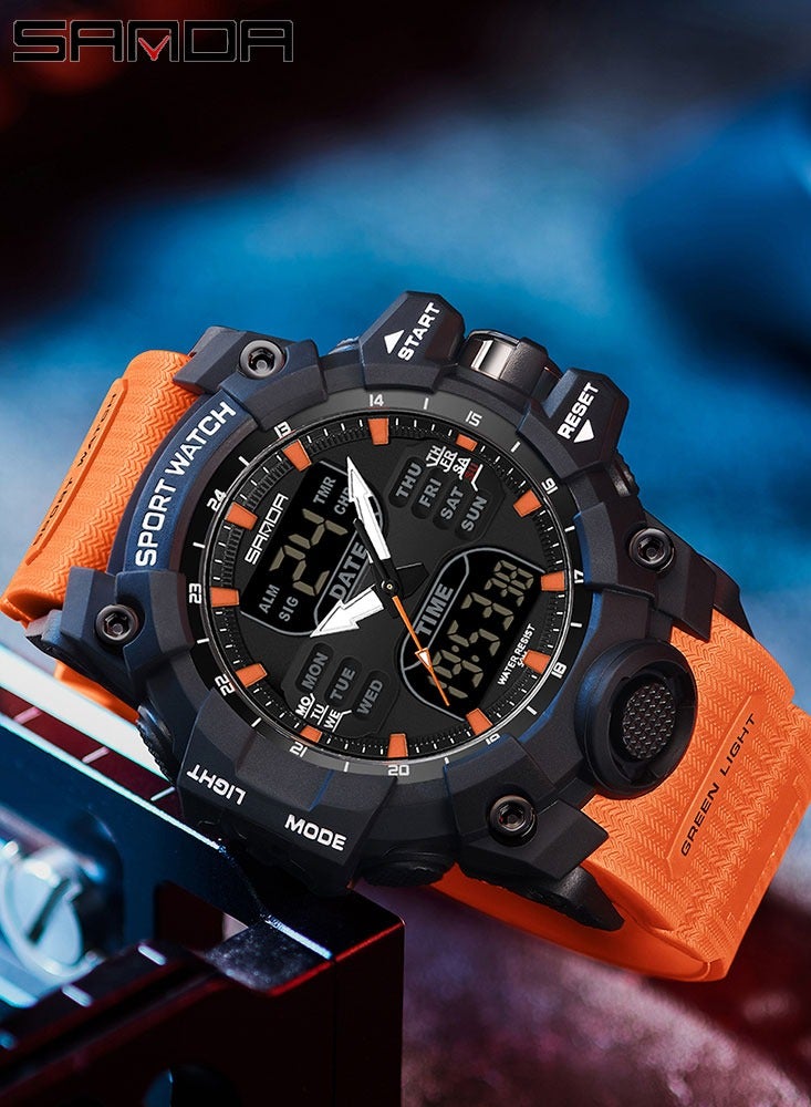 ساندا ساعة الإلكترونية الفاخرة للرجال بتصميم G، رياضية خارجية، كرونوغراف تناظري رقمي، شاشة مزدوجة عسكرية، مقاومة للماء حتى عمق 50 متر - Image 2