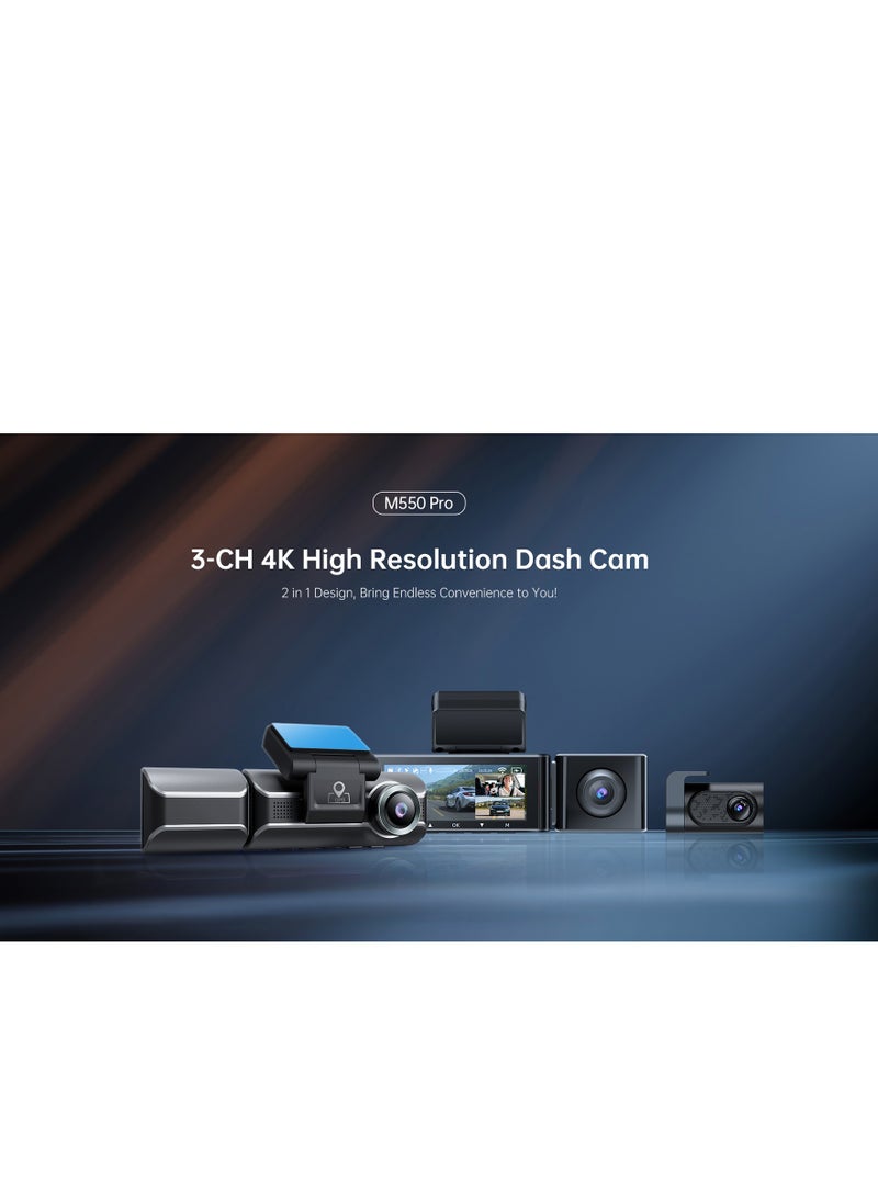 أزدوم داش كام AZDOME - M550 PRO بدقة 4K، بثلاث عدسات لتصوير شامل، تدعم GPS وWi-Fi وBluetooth وتحكم صوتي، مع وضع وقوف السيارات للحماية والمراقبة المستمرة. - Image 5