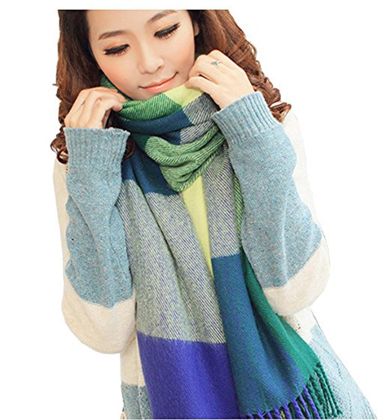 Wander Agio Women's Fashion Long Shawl Big Grid Winter Warm Large Scarf Green - Image 2