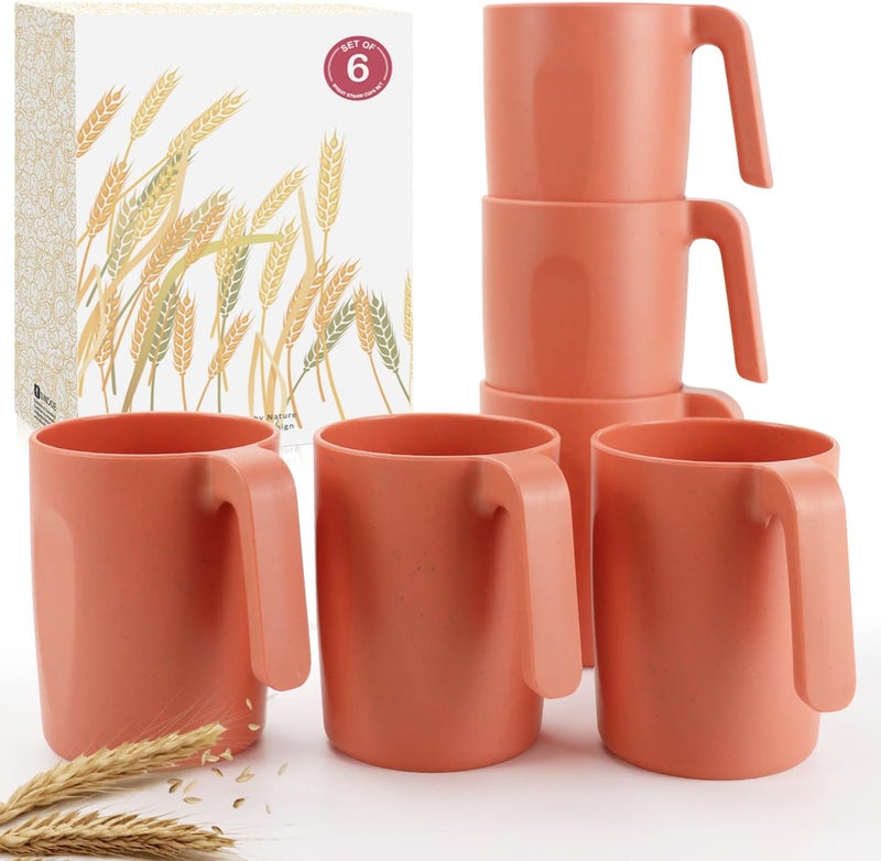 Wrova 16oz Wheat Straw Cups with handles set of 6Plastic Cups ReusableUnbreakable Kids MugsDishwasher Safe  Microwave SafeIdeal Plastic Mugs for TeaCoffeeCampingRVOrange - Image 1