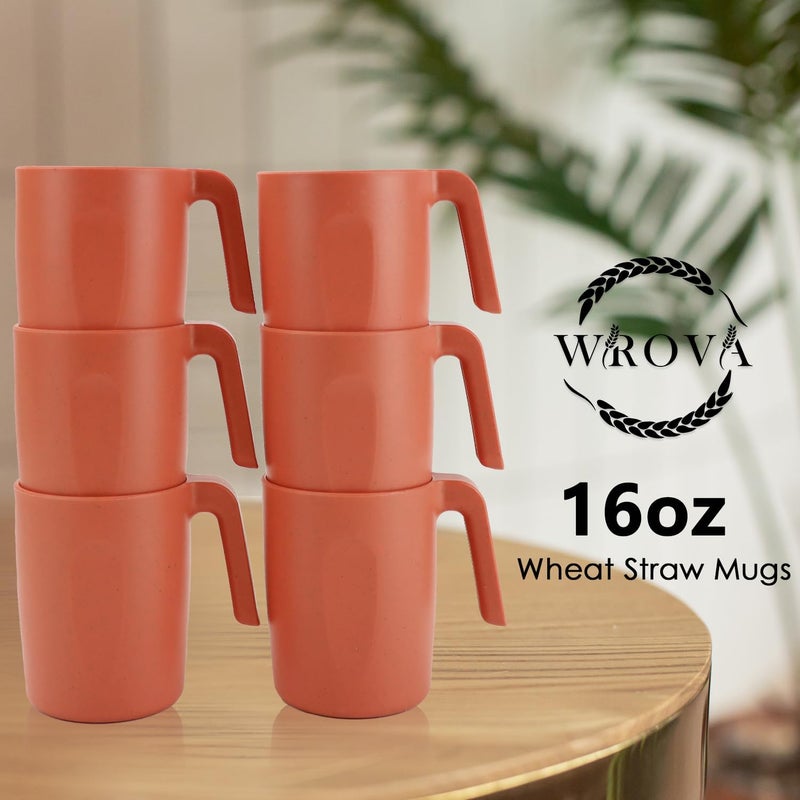 Wrova 16oz Wheat Straw Cups with handles set of 6Plastic Cups ReusableUnbreakable Kids MugsDishwasher Safe  Microwave SafeIdeal Plastic Mugs for TeaCoffeeCampingRVOrange - Image 5