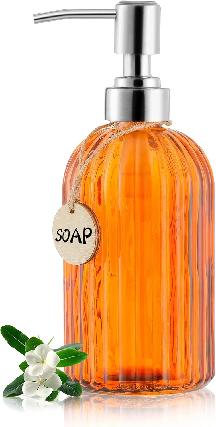 MOCLIF 16 OZ Soap Dispenser，Tempered Glass Clear Vertical Stripe with 304 Rust Proof Stainless Steel Pump Refillable Liquid Hand Soap Dispenser，for Bathroom, Kitchen, Dish Soap，Lotion (Orange) - Image 1