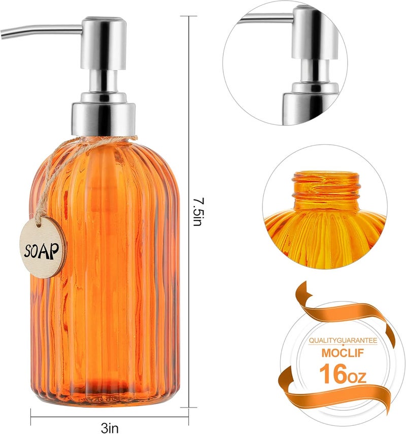 MOCLIF 16 OZ Soap Dispenser，Tempered Glass Clear Vertical Stripe with 304 Rust Proof Stainless Steel Pump Refillable Liquid Hand Soap Dispenser，for Bathroom, Kitchen, Dish Soap，Lotion (Orange) - Image 2