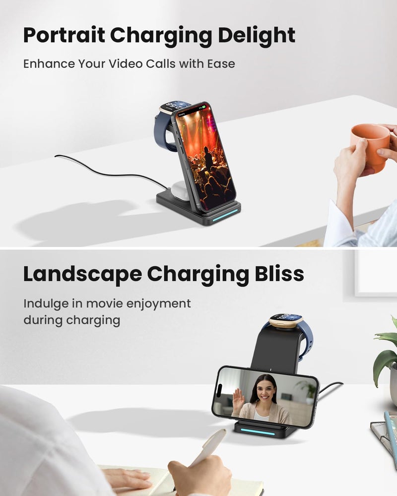 GEEKERA Wireless Charger for Fitbit Charging Station - GEEKERA 3 in 1 Phone Charger Stand for Fitbit Watch Sense 2/Sense/Versa 4/3, iPhone, Samsung, Google Pixel Phones, Androids, Airpods 4/3/2 - Image 3