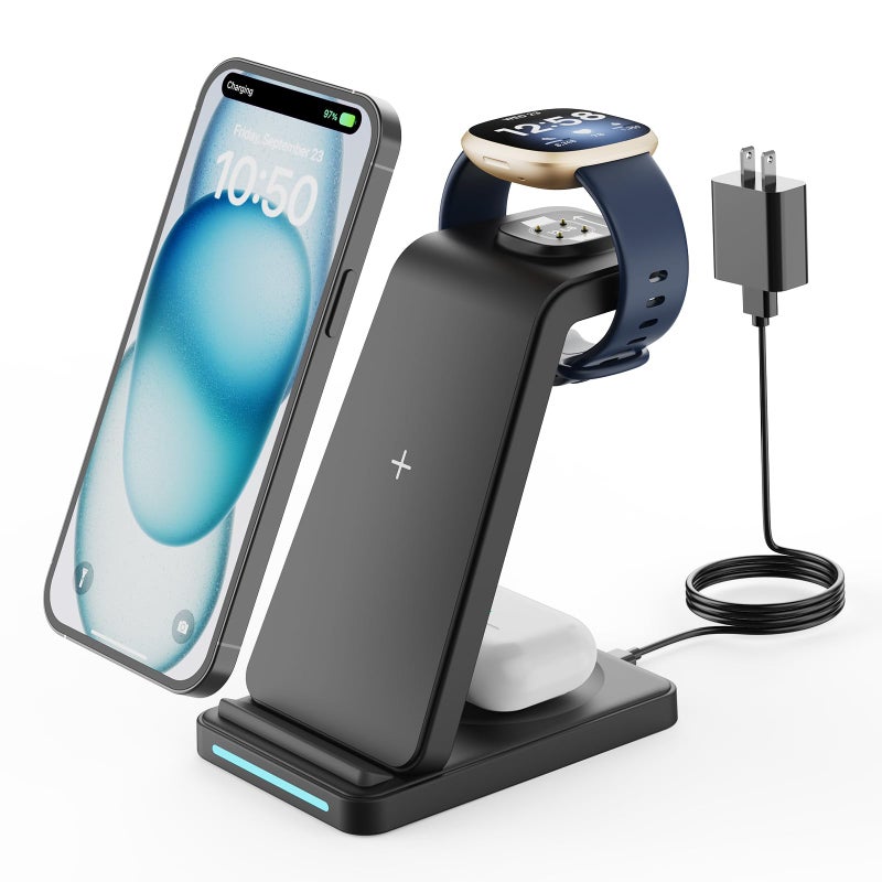 GEEKERA Wireless Charger for Fitbit Charging Station - GEEKERA 3 in 1 Phone Charger Stand for Fitbit Watch Sense 2/Sense/Versa 4/3, iPhone, Samsung, Google Pixel Phones, Androids, Airpods 4/3/2 - Image 1