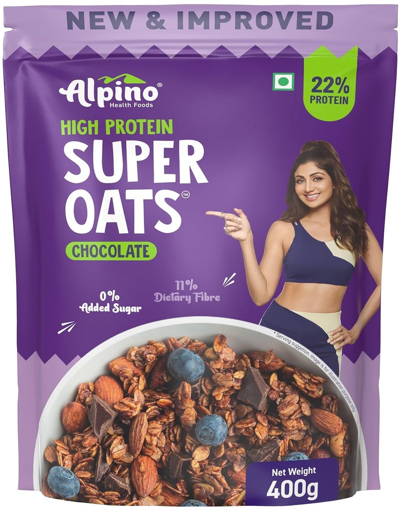 Alpino Super Oats Chocolate 400g 22% High Protein – Rolled Oats, Natural Peanut Butter, Cocoa Powder, Nuts & Seeds – 22g Protein, Source of Dietary Fibre & Healthy Fats, No Added Sugar & Salt - Image 1