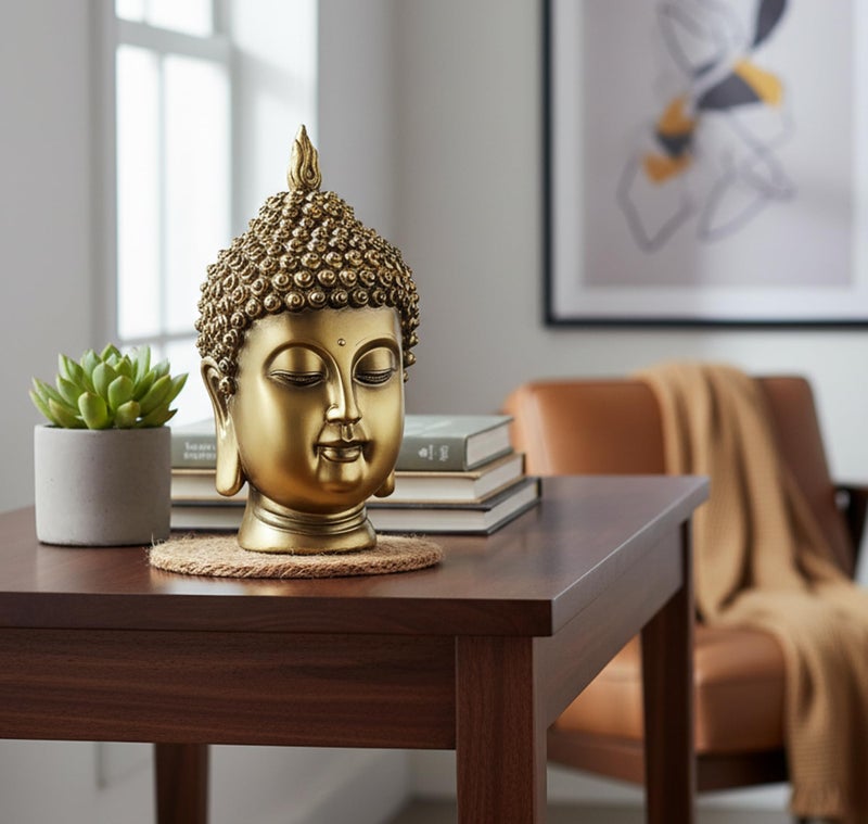 ESPLANADE Buddha Head Show Piece For Home Decor|Antique Buddha Face Statue For Room Decor|Office Table Decorative Item|Resin Gautam Buddha Idol & Figurine For House Warming Gifts|Golden,9 Inch - Image 2
