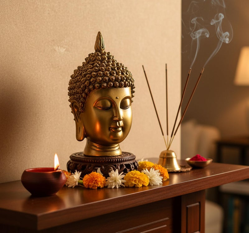ESPLANADE Buddha Head Show Piece For Home Decor|Antique Buddha Face Statue For Room Decor|Office Table Decorative Item|Resin Gautam Buddha Idol & Figurine For House Warming Gifts|Golden,9 Inch - Image 3