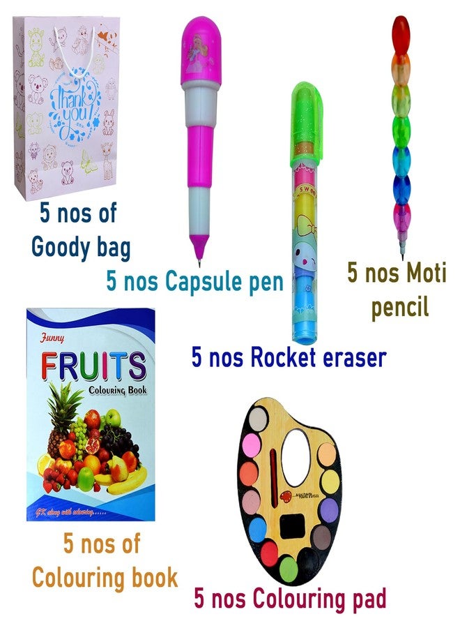 Birthday Return Gift Combo for Kids | Colouring Book, Water Colour Pad, Moti Pencil, Capsule pen and Rocket Eraser with Goody Bag (pack of 5) - Image 2