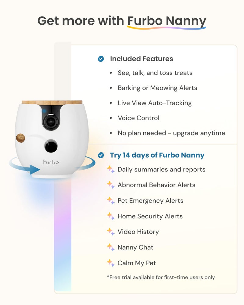 Furbo كاميرا الحيوانات الأليفة Furbo Mini 360° [جديد] 2K QHD: موزع مكافآت دوار للكلاب والقطط مع تطبيق الهاتف، كاميرا داخلية ذكية مع مكبر صوت ثنائي الاتجاه ورؤية ليلية. لا حاجة للاشتراك. ميزات الرؤية والتحدث والرمي القياسية. - Image 4