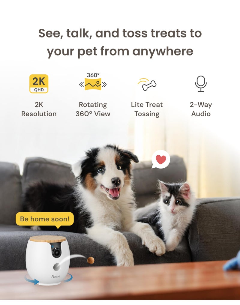 Furbo كاميرا الحيوانات الأليفة Furbo Mini 360° [جديد] 2K QHD: موزع مكافآت دوار للكلاب والقطط مع تطبيق الهاتف، كاميرا داخلية ذكية مع مكبر صوت ثنائي الاتجاه ورؤية ليلية. لا حاجة للاشتراك. ميزات الرؤية والتحدث والرمي القياسية. - Image 2