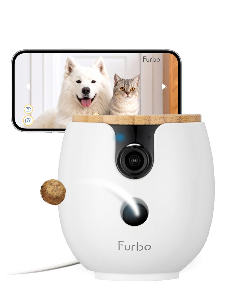 Furbo كاميرا الحيوانات الأليفة Furbo Mini 360° [جديد] 2K QHD: موزع مكافآت دوار للكلاب والقطط مع تطبيق الهاتف، كاميرا داخلية ذكية مع مكبر صوت ثنائي الاتجاه ورؤية ليلية. لا حاجة للاشتراك. ميزات الرؤية والتحدث والرمي القياسية. - Image 1