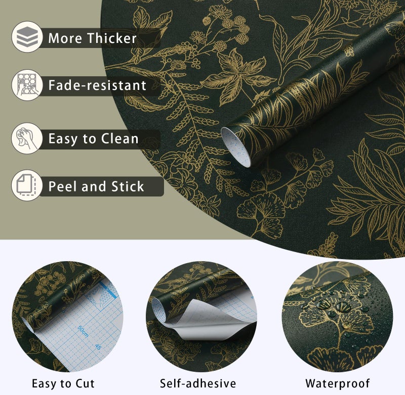 Micpolo Dark Green and Gold Wallpaper Floral Peel and Stick Wallpaper Vintage Flower and Leaf Contact Paper for Cabinets Self-Adhesive Removable Wallpaper for Bedroom Bathroom Kitchen 118"x17.3" - Image 2