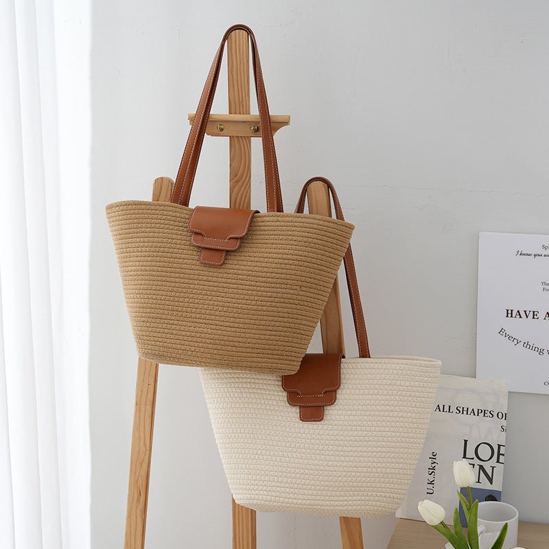 Cotton Rope Tote Bag Large Capacity Cotton Woven Bag Hand Carrying Leather Cover Fashion Commuter Women'S Shoulder Bag - Image 2
