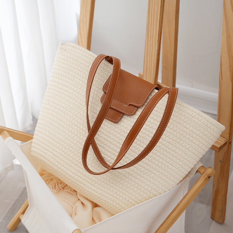 Cotton Rope Tote Bag Large Capacity Cotton Woven Bag Hand Carrying Leather Cover Fashion Commuter Women'S Shoulder Bag - Image 5