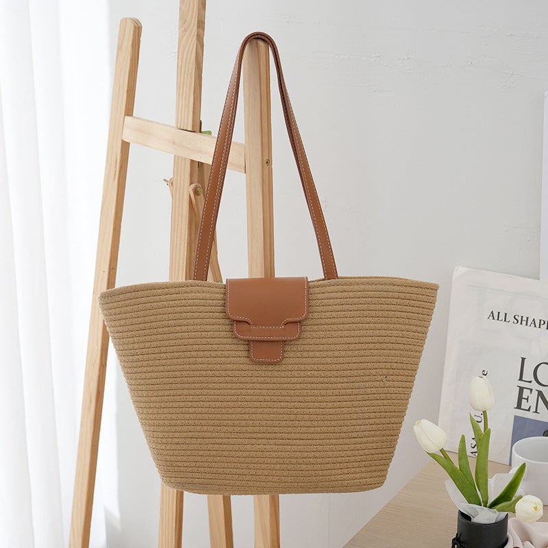 Cotton Rope Tote Bag Large Capacity Cotton Woven Bag Hand Carrying Leather Cover Fashion Commuter Women'S Shoulder Bag - Image 3