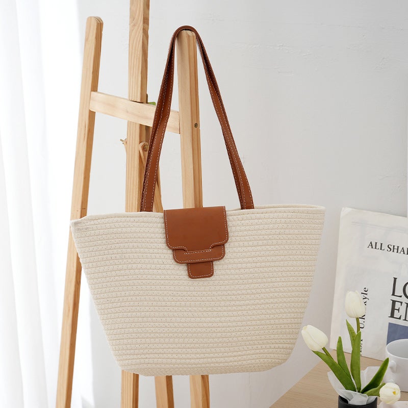 Cotton Rope Tote Bag Large Capacity Cotton Woven Bag Hand Carrying Leather Cover Fashion Commuter Women'S Shoulder Bag - Image 4